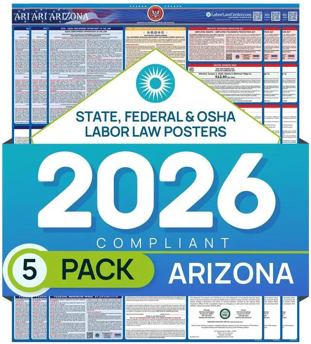 Main image of Arizona 2026 Labor Law Poster State & Federal Compliance OSHA, EEOC, FMLA, Minimum Wage Durable, Laminated & Waterproof Workplace Employment Poster Made in USA 26 x 39.5, 5-Pack