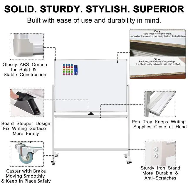 Alt view image 7 of 7 - Mobile Whiteboard on Wheels, 48"x36" Double-Sided Magnetic Dry Erase Board - Flipchart Easel for Office, Classroom & Home, Rolling Stand with Easy Flip Feature