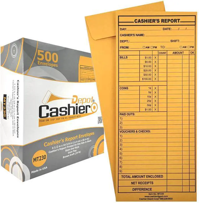 Main image of 2500 Cashier Depot - Cashier's Report Envelope MT230, 4 1/2" x 10 3/8", Sturdy 24lb. Brown Kraft, Gum Flap, 2500 Count