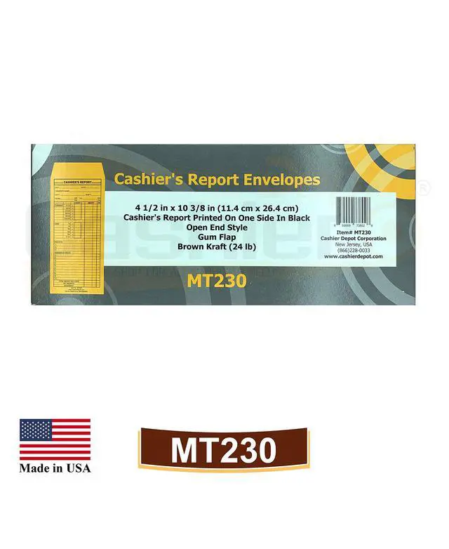 Alt view image 5 of 5 - 2500 Cashier Depot - Cashier's Report Envelope MT230, 4 1/2" x 10 3/8", Sturdy 24lb. Brown Kraft, Gum Flap, 2500 Count