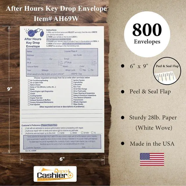 Alt view image 2 of 4 - 800 Cashier Depot - After Hours Key Drop Envelopes AH69W, 6" x 9", White 28lb Paper, Open End, Peel & Seal, Night Drop Service Envelopes for Auto Repair Shops, Garages & Car Dealers, 800 Count