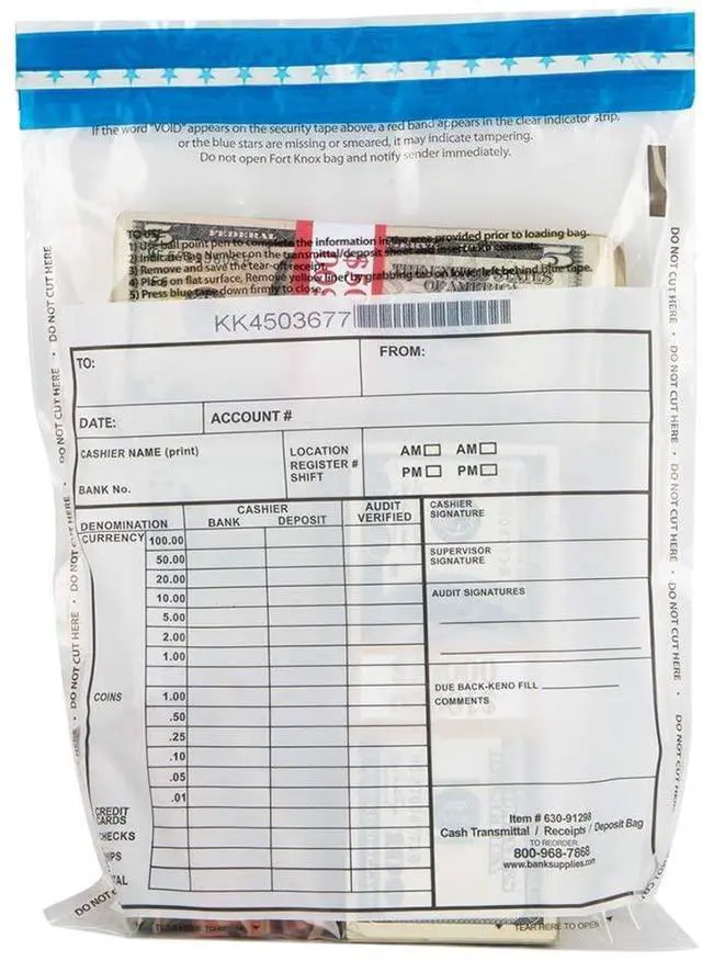 Main image of Ultima Blue Cash Transmittal Bags 9W x 12H Pack of 500 Captive Flap Closure Tamper Evident Tape Write-On Panel Heat Cold and Moisture Detection Deposit Plastic Bags