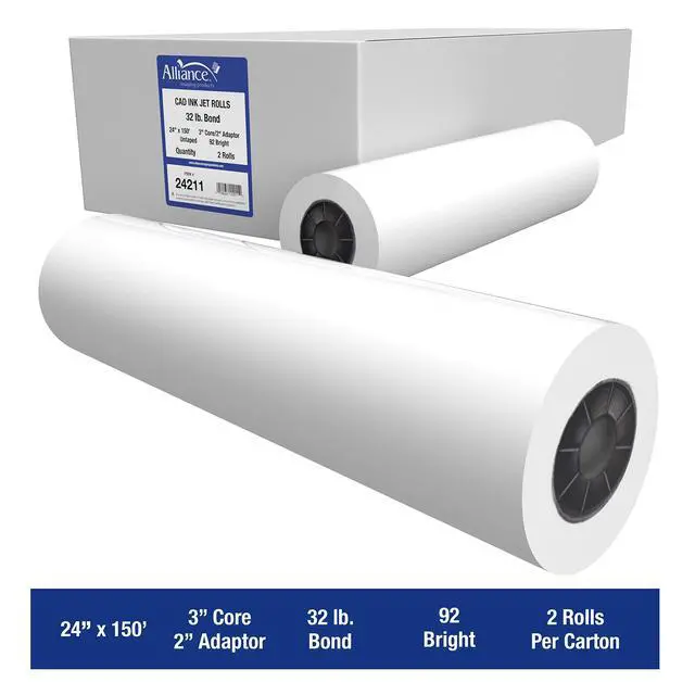 Alt view image 2 of 7 - Wide Format Paper 24" x 150' CAD Bond Rolls (32lb | 2 Rolls, 24 In x 150 FT | 3" Core)