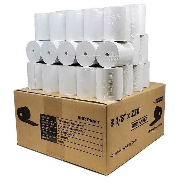 Alt view image 2 of 2 - (55 GSM Paper Thickness Coreless) 3-1/8" x 230' (100 Rolls - 2 Cases) Bpa Free Thermal Receipt Printer Paper | No Branding | Blank Tabs | Drop Shipping