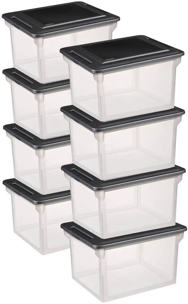 Main image of 8-Pack File Box, Clear Storage Tote with Black Lid for Letter & Legal Hanging Folders - Stackable Plastic Document and Paper Organizer for Home, Office, and Dorm Organization