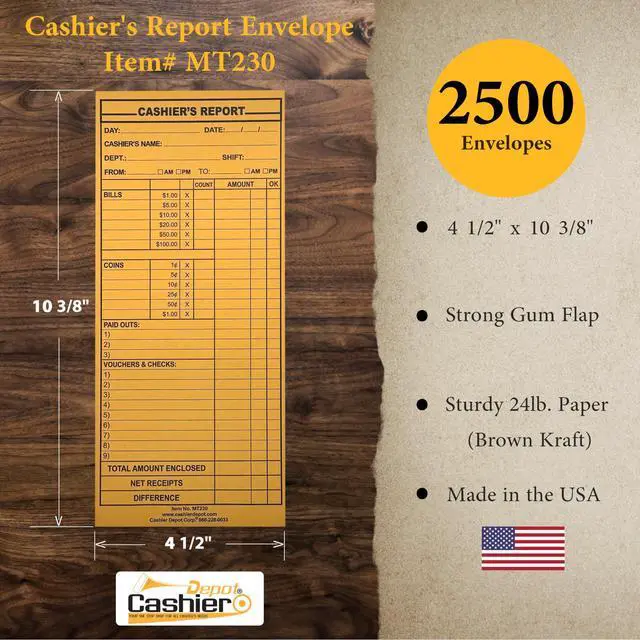 Alt view image 2 of 5 - 2500 Cashier Depot - Cashier's Report Envelope MT230, 4 1/2" x 10 3/8", Sturdy 24lb. Brown Kraft, Gum Flap, 2500 Count