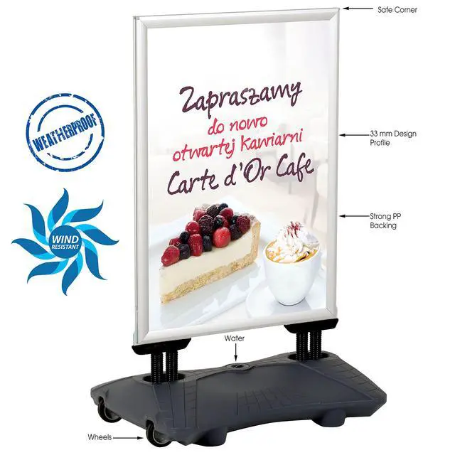 Alt view image 2 of 7 - WindPro Lite Weather and Wind Resistant Outdoor Pavement Curb Sidewalk Sign Holder for 28x44 Inch Posters Silver Aluminum Easy Front Loading Snap Frame Durable LDPE Gray Water Base