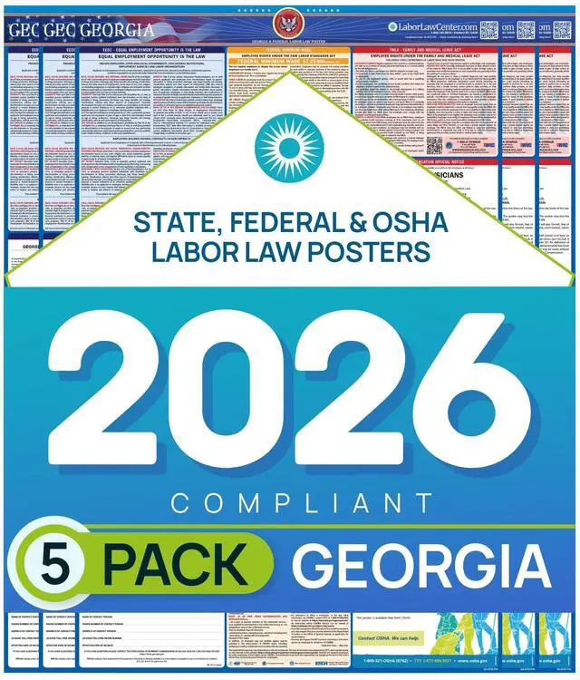 Main image of Labor Law Posters Georgia 2026, 5-Pack, State, Federal Workplace Notices | Georgia State Federal Workplace Notices With OSHA, EEOC, FMLA, Minimum Wage, HR Office, Worksite, Employee Posting Details