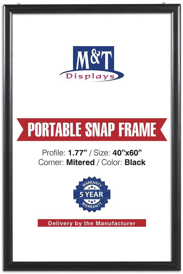 Main image of Portable Snap Poster Frame 40x60 Inch Black 1.77" Aluminum Profile Front Loading Wall Mounting Photo Picture Document Certificate Sign Holder Mitered Corner Anti Glare Cover