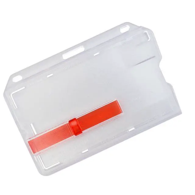 Alt view image 2 of 6 - Bulk 100 Pack - Heavy Duty Hard Plastic Horizontal Badge Holder with Red Extractor Slide Out Tab - Easy Access Clear I'D Card Protector Case for Single Standard Credit Card Size Cards by