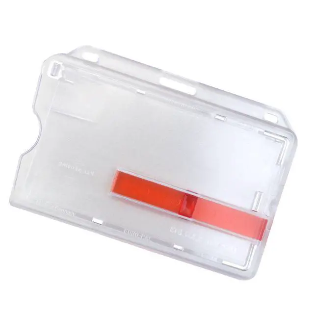 Alt view image 6 of 6 - Bulk 100 Pack - Heavy Duty Hard Plastic Horizontal Badge Holder with Red Extractor Slide Out Tab - Easy Access Clear I'D Card Protector Case for Single Standard Credit Card Size Cards by