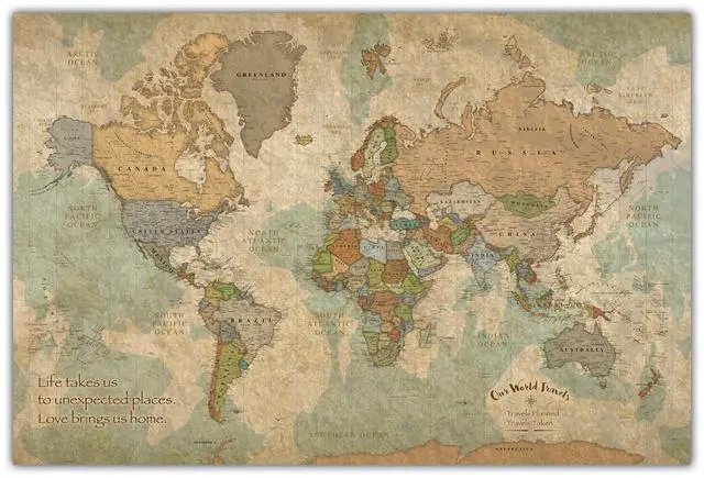 Main image of Personalized Push Pin World Map on Canvas in Vintage Earth Tones, Customize with Your Names and Quote to Track Travels, World Map Pin Board, Travel Tracker (60x40, Rolled/Unframed)