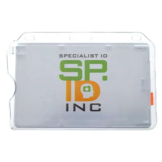 Alt view image 3 of 6 - Bulk 100 Pack - Heavy Duty Hard Plastic Horizontal Badge Holder with Red Extractor Slide Out Tab - Easy Access Clear I'D Card Protector Case for Single Standard Credit Card Size Cards by