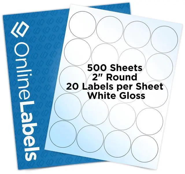 Main image of 2 Inch White Gloss Round Labels - Pack of 10,000 Circle Stickers, 500 Sheets - Inkjet Printer