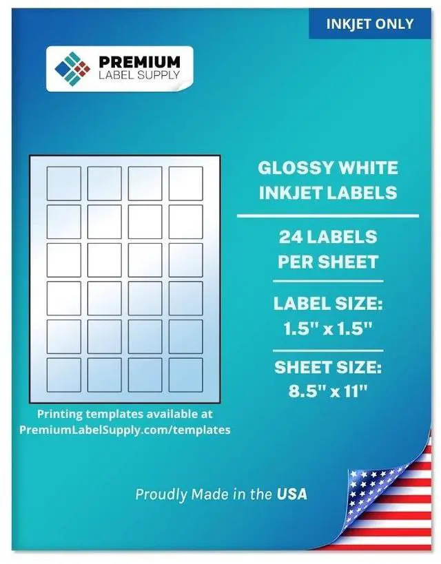 Main image of Glossy White Square Sticker Labels 1.5" x 1.5" (24 per Sheet) (Glossy White for Inkjet Only, 12,000 Labels)