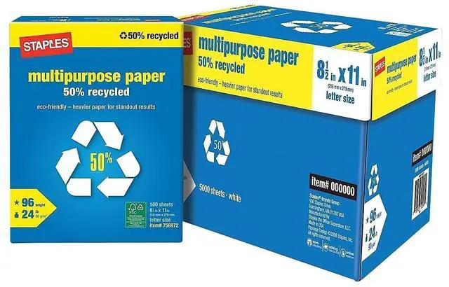 Main image of 50% Recycled 8.5-Inch x 11-Inch Multipurpose Paper 24 lbs 96 Bright, 10 RM/CT, For Office, School & Home