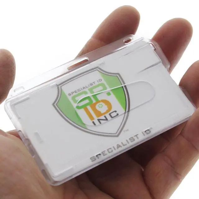 Alt view image 4 of 7 - Bulk 50 Pack - Slim Heavy Duty Horizontal ID Badge Holders - Hard Plastic (Holds 1 Card) Clear Polycarbonate - Single CR80 30 Mil - Rigid Case Easy Access with Thumb Notch Dispenser by