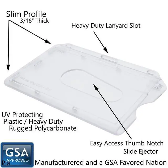 Alt view image 2 of 7 - Bulk 50 Pack - Slim Heavy Duty Horizontal ID Badge Holders - Hard Plastic (Holds 1 Card) Clear Polycarbonate - Single CR80 30 Mil - Rigid Case Easy Access with Thumb Notch Dispenser by