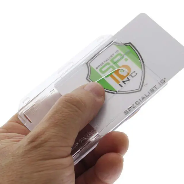 Alt view image 5 of 7 - Bulk 50 Pack - Slim Heavy Duty Horizontal ID Badge Holders - Hard Plastic (Holds 1 Card) Clear Polycarbonate - Single CR80 30 Mil - Rigid Case Easy Access with Thumb Notch Dispenser by