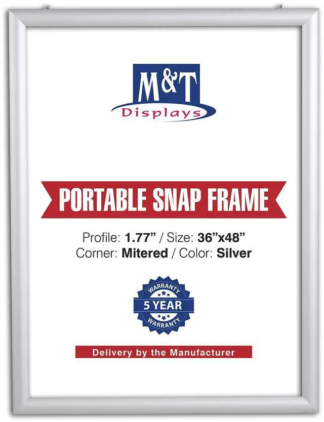 Main image of Portable Snap Poster Frame 36x48 Inch Silver 1.77" Aluminum Profile, Front Loading Wall Mounting Display for Photo Picture Document Certificate Mitered Corner Anti Glare Cover