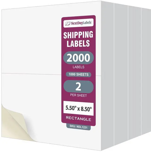 Main image of Half Sheet Shipping Labels 5.5" x 8.5" Printable Blank Labels for Laser & Inkjet Printers, White Self-Adhesive Stickers, 2 Per Page for Ship, FBA, UPS & FedEx, Made in USA, 1000 Pack