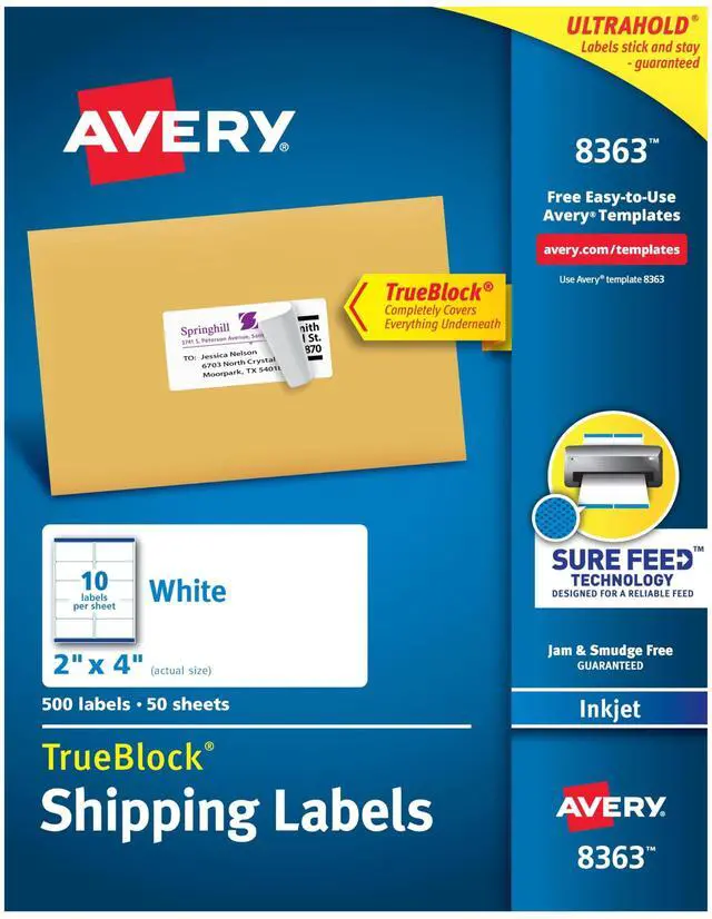 Main image of Shipping Labels, Sure Feed Technology, 2" x 4", White, Inkjet Printable, Permanent Adhesive, 500 Blank Mailing Labels per Pack, 2500 (5 Packs of 8363)