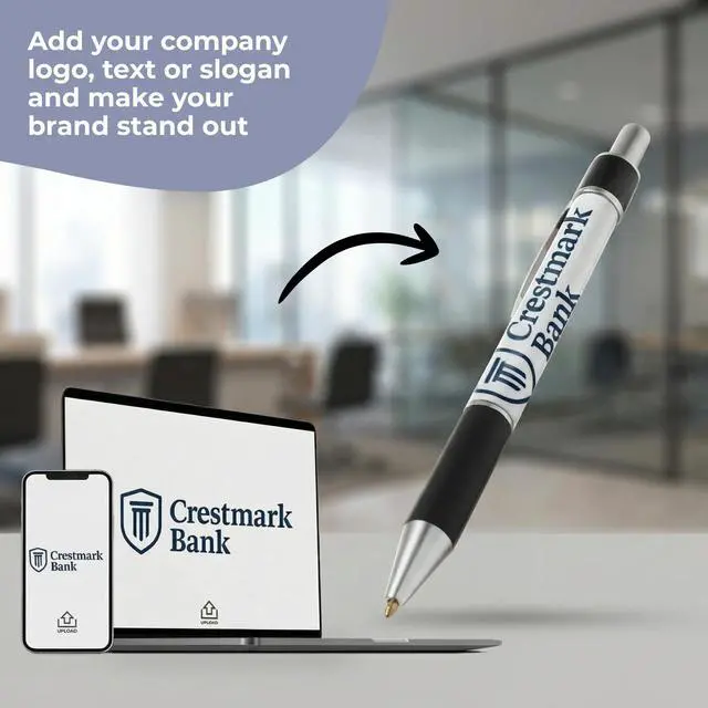 Alt view image 2 of 7 - Personalized Ballpoint Pens, Customizable Writing Pens with Logo, Name or Text, Black Ink, Rubber Grip, Retractable, White, Pack of 250, for Office Supplies, Desk Accessories, School Events
