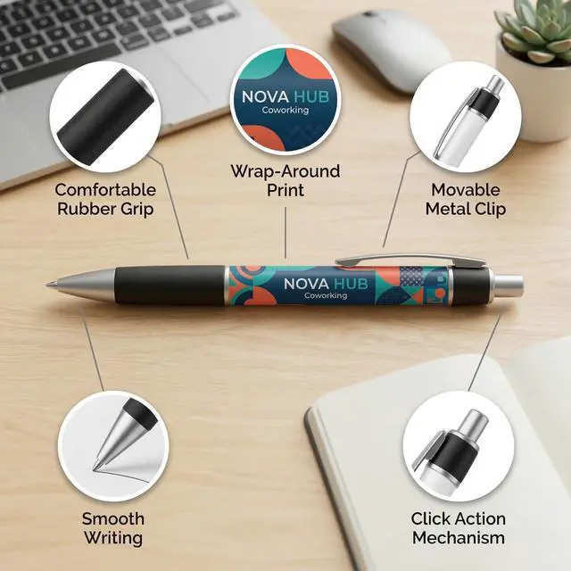 Alt view image 4 of 7 - Personalized Ballpoint Pens, Customizable Writing Pens with Logo, Name or Text, Black Ink, Rubber Grip, Retractable, White, Pack of 250, for Office Supplies, Desk Accessories, School Events