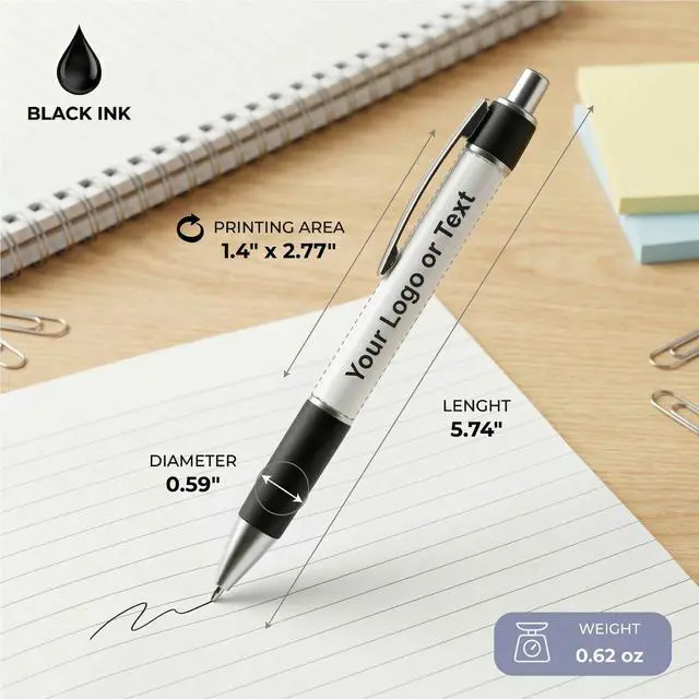 Alt view image 3 of 7 - Personalized Ballpoint Pens, Customizable Writing Pens with Logo, Name or Text, Black Ink, Rubber Grip, Retractable, White, Pack of 250, for Office Supplies, Desk Accessories, School Events