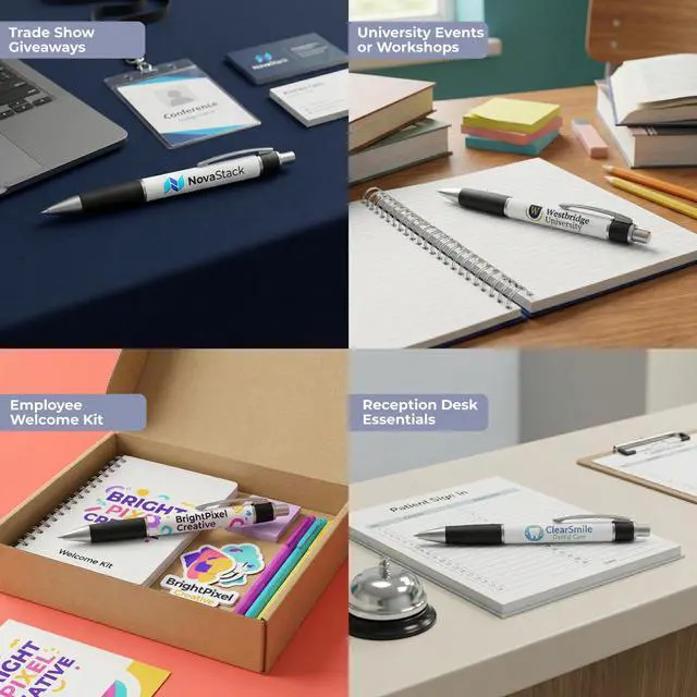 Alt view image 5 of 7 - Personalized Ballpoint Pens, Customizable Writing Pens with Logo, Name or Text, Black Ink, Rubber Grip, Retractable, White, Pack of 250, for Office Supplies, Desk Accessories, School Events