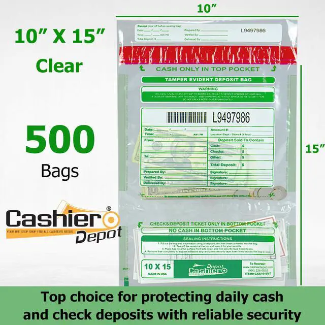 Alt view image 2 of 7 - 500 Cashier Depot Tamper Evident Deposit Bags, 10" x 15" Clear, Twin Pockets, Serialized Numbering, Barcode, Press & Seal Void Closure Tape, 500 Count