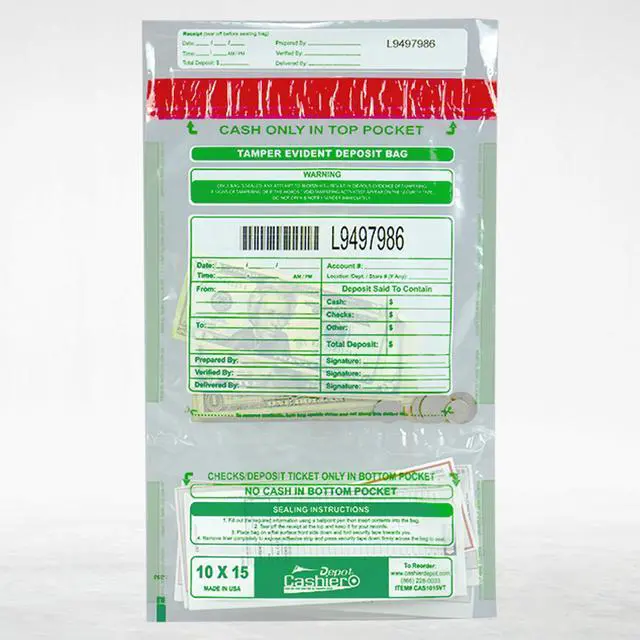 Main image of 500 Cashier Depot Tamper Evident Deposit Bags, 10" x 15" Clear, Twin Pockets, Serialized Numbering, Barcode, Press & Seal Void Closure Tape, 500 Count
