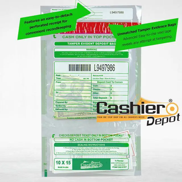 Alt view image 3 of 7 - 500 Cashier Depot Tamper Evident Deposit Bags, 10" x 15" Clear, Twin Pockets, Serialized Numbering, Barcode, Press & Seal Void Closure Tape, 500 Count