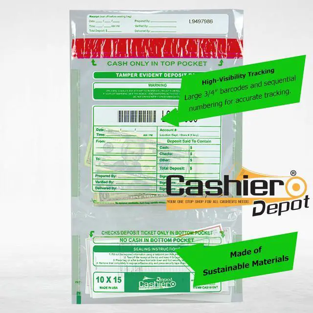 Alt view image 4 of 7 - 500 Cashier Depot Tamper Evident Deposit Bags, 10" x 15" Clear, Twin Pockets, Serialized Numbering, Barcode, Press & Seal Void Closure Tape, 500 Count