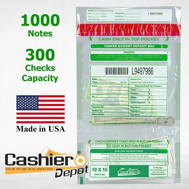 Alt view image 5 of 7 - 500 Cashier Depot Tamper Evident Deposit Bags, 10" x 15" Clear, Twin Pockets, Serialized Numbering, Barcode, Press & Seal Void Closure Tape, 500 Count
