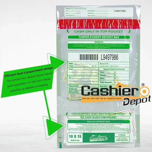 Alt view image 6 of 7 - 500 Cashier Depot Tamper Evident Deposit Bags, 10" x 15" Clear, Twin Pockets, Serialized Numbering, Barcode, Press & Seal Void Closure Tape, 500 Count