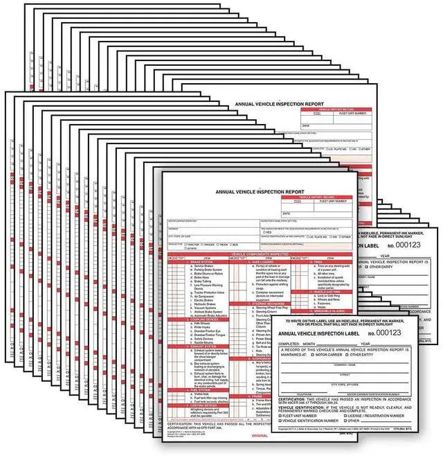 Main image of J. J. Keller 50-Pack, Annual Vehicle Inspection Report Form & Adhesive Vinyl Label 2-Ply, 3-Ply Carbonless Form, Bundle Shrinkwrapped, DOT Compliant