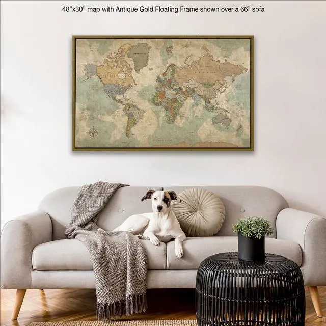 Alt view image 7 of 7 - Personalized Push Pin World Map on Canvas in Vintage Earth Tones, Customize with Your Names and Quote to Track Travels, World Map Pin Board, Travel Tracker (48x30, Rolled/Unframed)