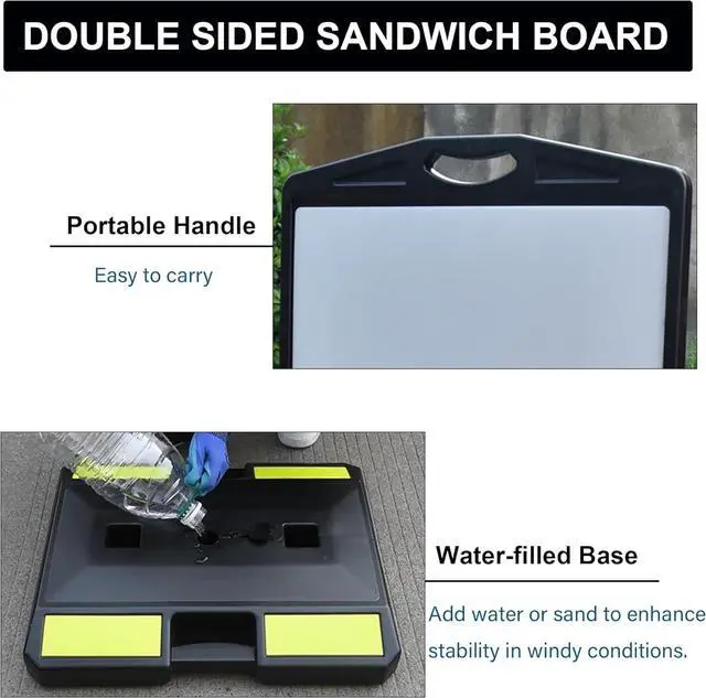 Alt view image 4 of 7 - 2-Pack Sidewalk Sign 22x30 Inch Double Sided Sandwich Board Plastic Outdoor Advertising Signboard with Water-filled Base for Restaurant, Business, Events, Grey (Frame only)
