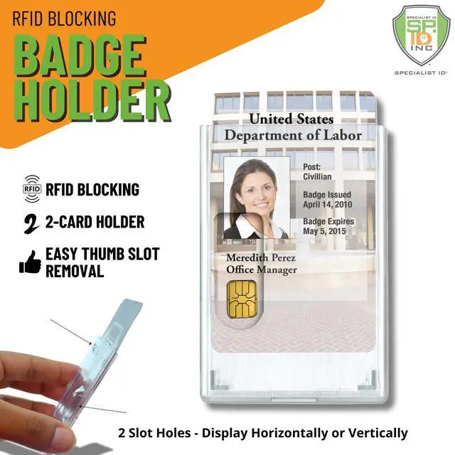 Alt view image 2 of 7 - Bulk 50 Pack - RFID Blocking Rigid Shielded 2-Card Badge Holder - Double Sided I'd Card Protector with Thumb Slide Removal - Horizontal or Vertical Orientation by
