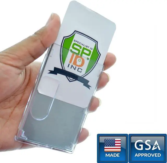 Alt view image 3 of 7 - Bulk 50 Pack - RFID Blocking Rigid Shielded 2-Card Badge Holder - Double Sided I'd Card Protector with Thumb Slide Removal - Horizontal or Vertical Orientation by