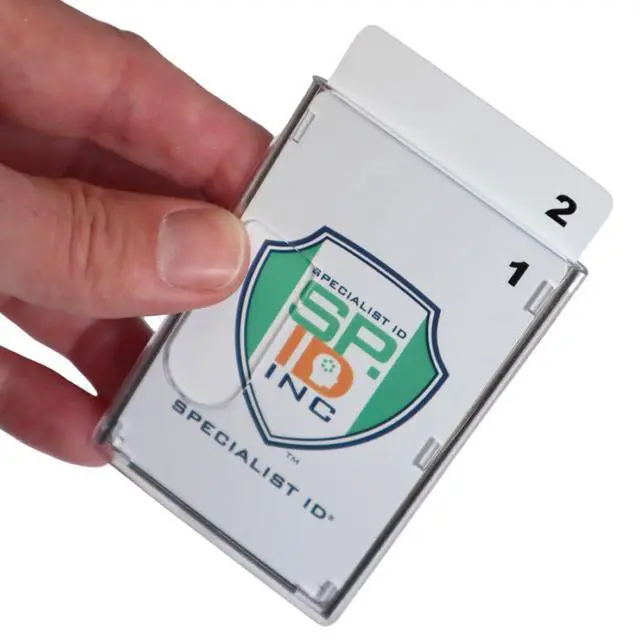 Alt view image 6 of 7 - Bulk 50 Pack - RFID Blocking Rigid Shielded 2-Card Badge Holder - Double Sided I'd Card Protector with Thumb Slide Removal - Horizontal or Vertical Orientation by