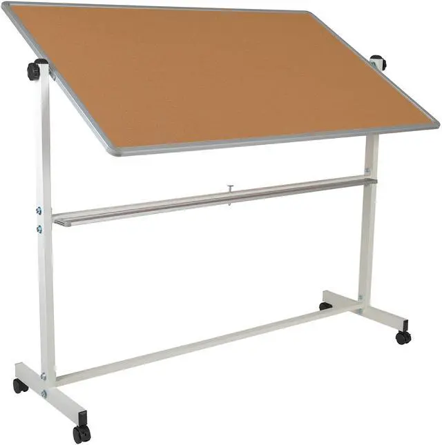 Alt view image 6 of 7 - 64.25" W x 64.75" H Reversible Mobile Cork Bulletin Board and White Board with Pen Tray