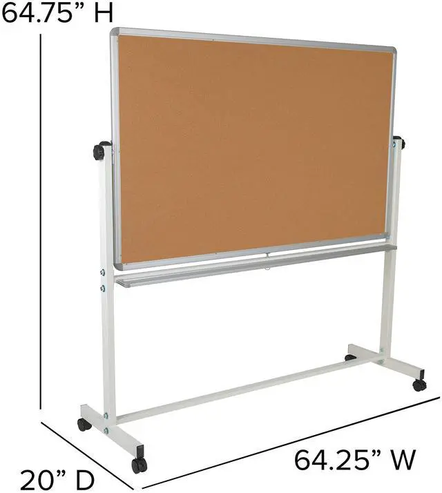 Alt view image 4 of 7 - 64.25" W x 64.75" H Reversible Mobile Cork Bulletin Board and White Board with Pen Tray