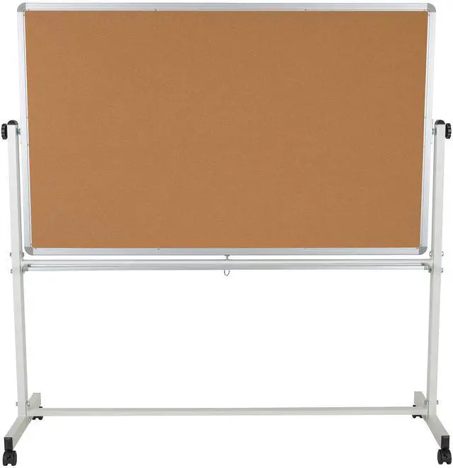 Alt view image 5 of 7 - 64.25" W x 64.75" H Reversible Mobile Cork Bulletin Board and White Board with Pen Tray