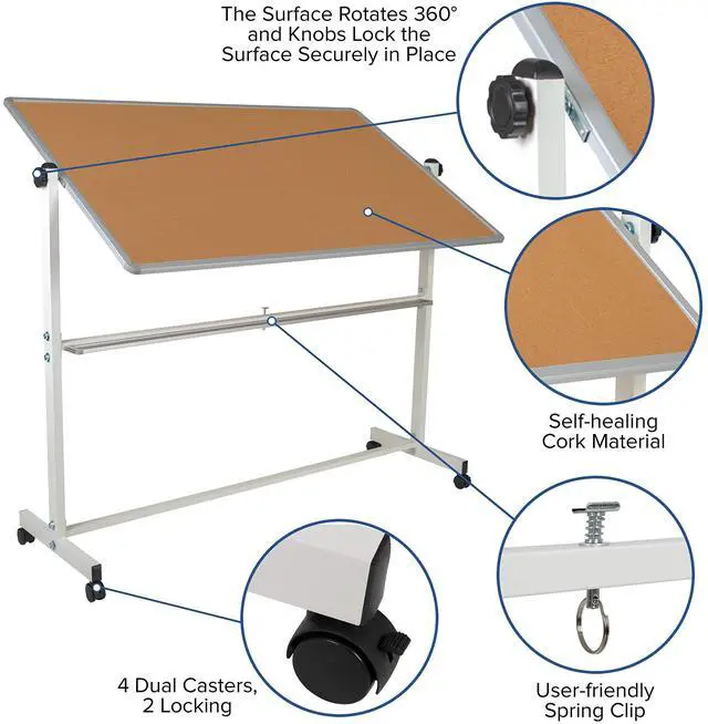 Alt view image 3 of 7 - 64.25" W x 64.75" H Reversible Mobile Cork Bulletin Board and White Board with Pen Tray