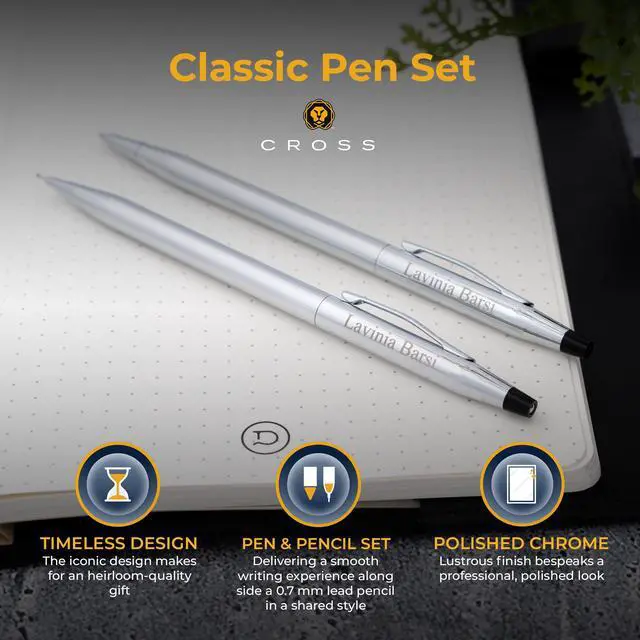Alt view image 4 of 7 - Cross Classic Century Engraved Ballpoint Pen and Pencil Set, Chrome, Slim Twist Action, Personalized Gift for Graduation, New Job, Retirement, Career Advancement, Cross Gift Box Included