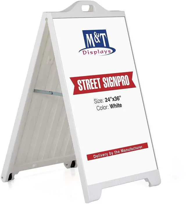 Main image of Street SignPro Board, White 24x36 Inch Weatherproof Sandwich Board A-Frame Sidewalk Curb Sign Holder Folding Portable Double Sided Advertising Display for Restaurant Cafe