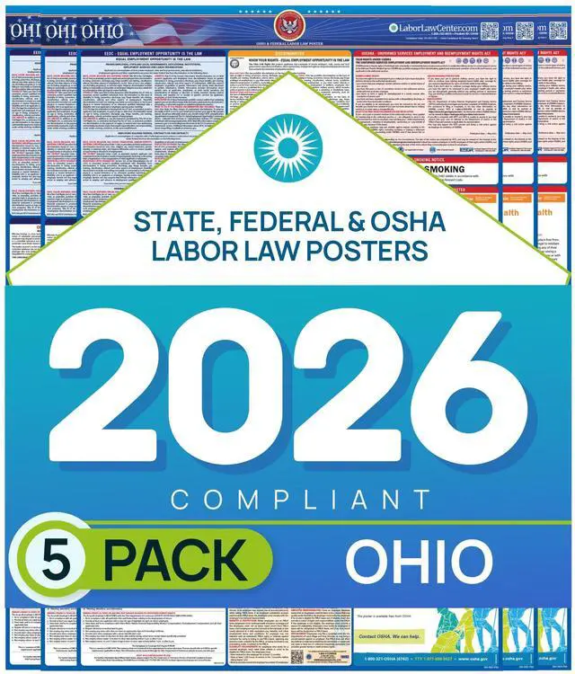 Main image of Ohio 2026 Labor Law Poster State & Federal Compliance OSHA, EEOC, FMLA, Minimum Wage Durable, Laminated & Waterproof Workplace Employment Poster Made in USA 26 x 39.5, 5-Pack