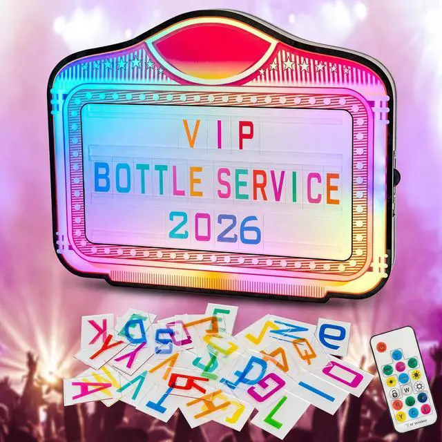 Main image of Bottle Service Sign, Handheld LED Bottle Presenter with Color Letters, RGB Message Light Box, Letter Lock Anti-Drop Design, Acrylic VIP Display for Nightclub Bar Event, Battery Powered, 28 x 24 In